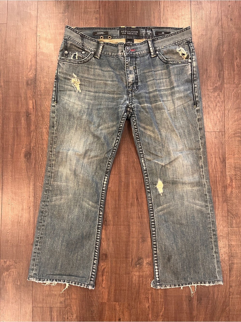 Affliction Cooper Relaxed Boot Jeans Mens 38x34.5 Blue Distressed Embroidered